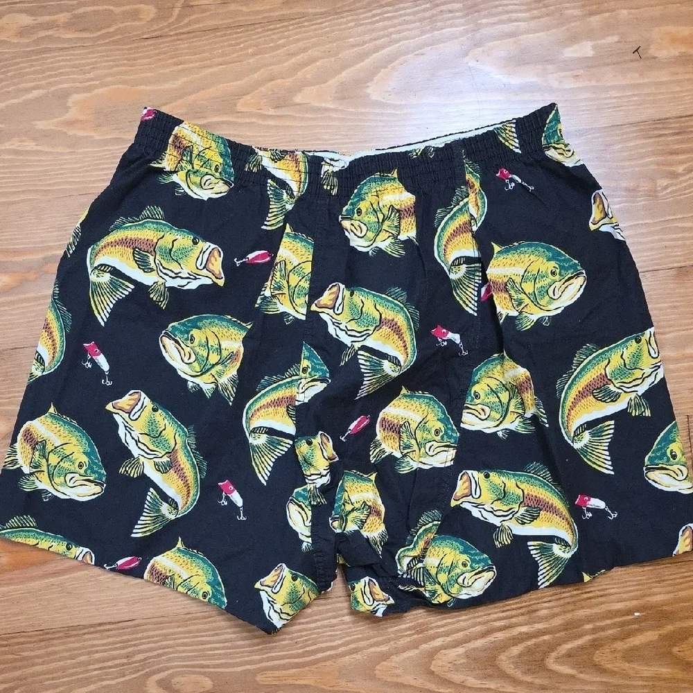 Bass Fishing Print Black Boxers- Salamander Boxers Size LARGE NWOT